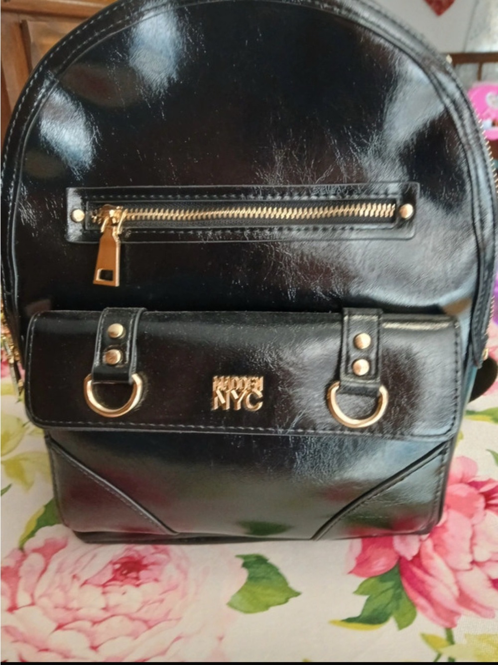 NYC Black Patent Leather Backpack with Gold Hardware